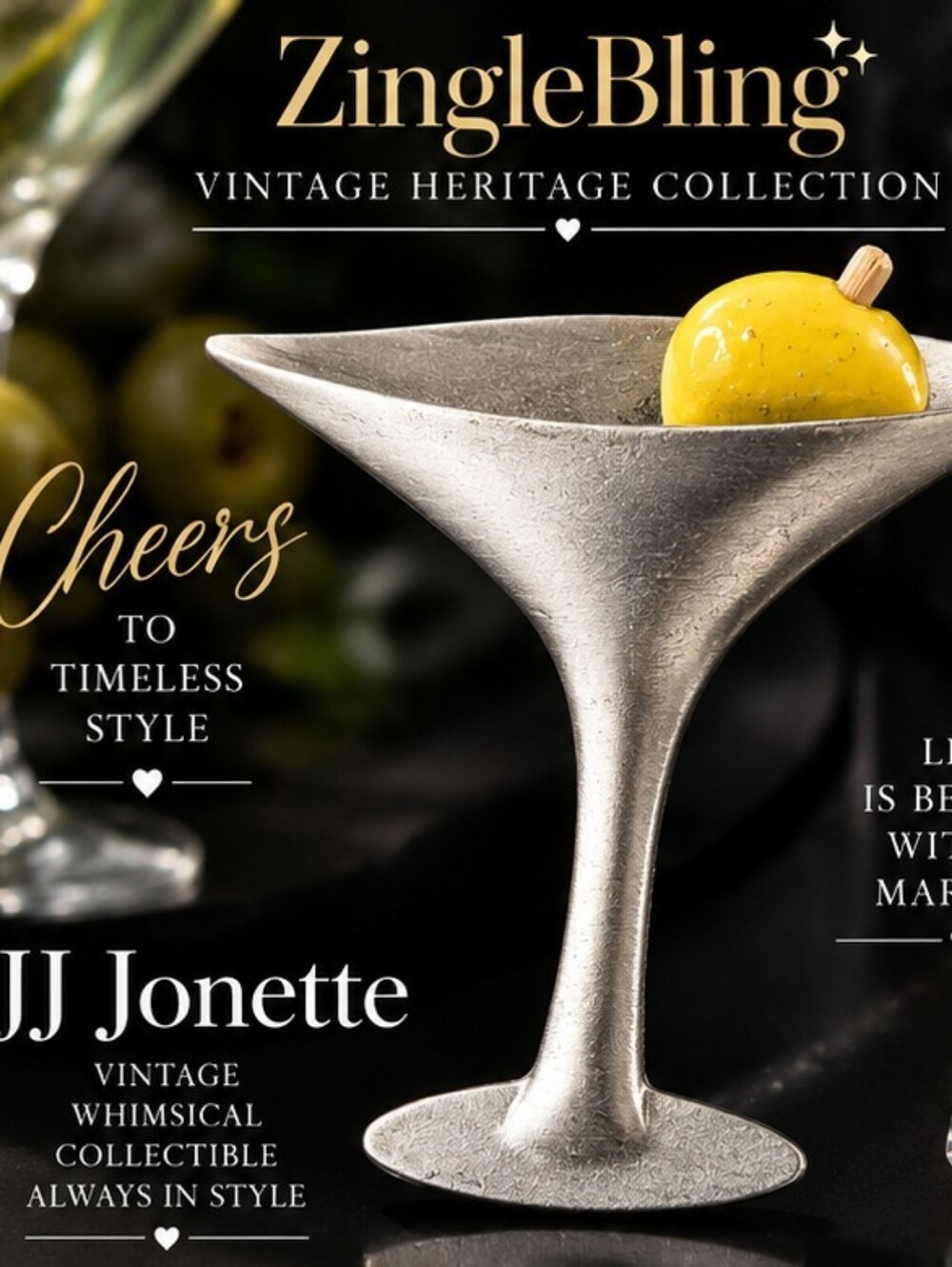 Vintage JJ Jonette Martini Glass Olive Brooch Silver Tone Cocktail Pin
